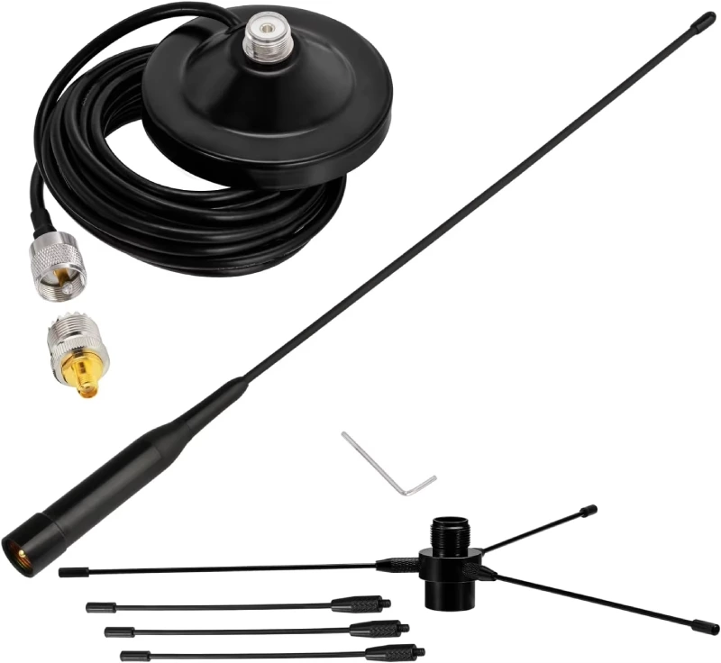 VHF UHF Mobile Ham Radio Antenna with Ground Planes Magnetic Base Mount Soft Whip Antenna PL259 Connector for Car Marine Radio